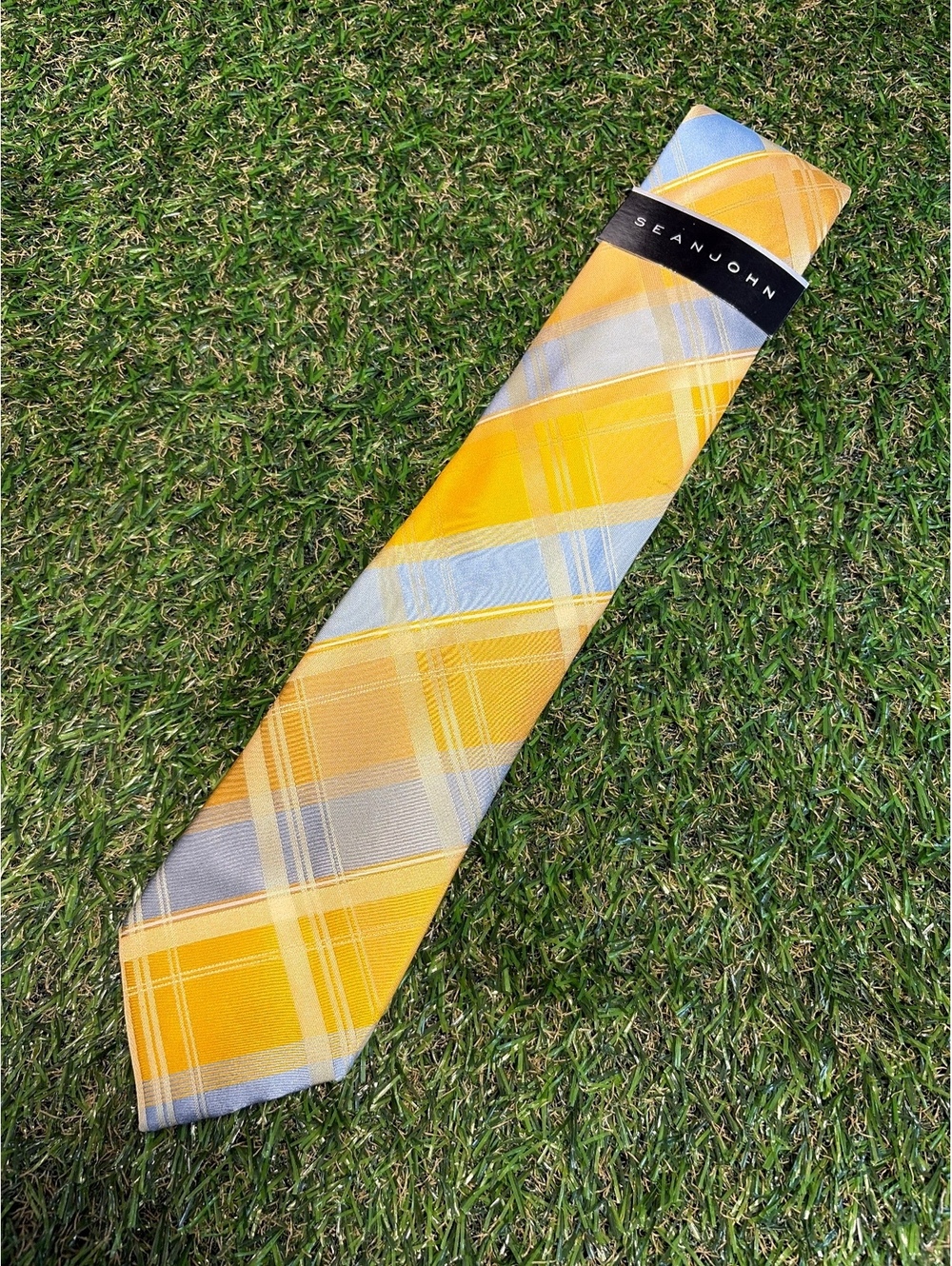 Sean John Large Plaid Yellow and Gray Tie
